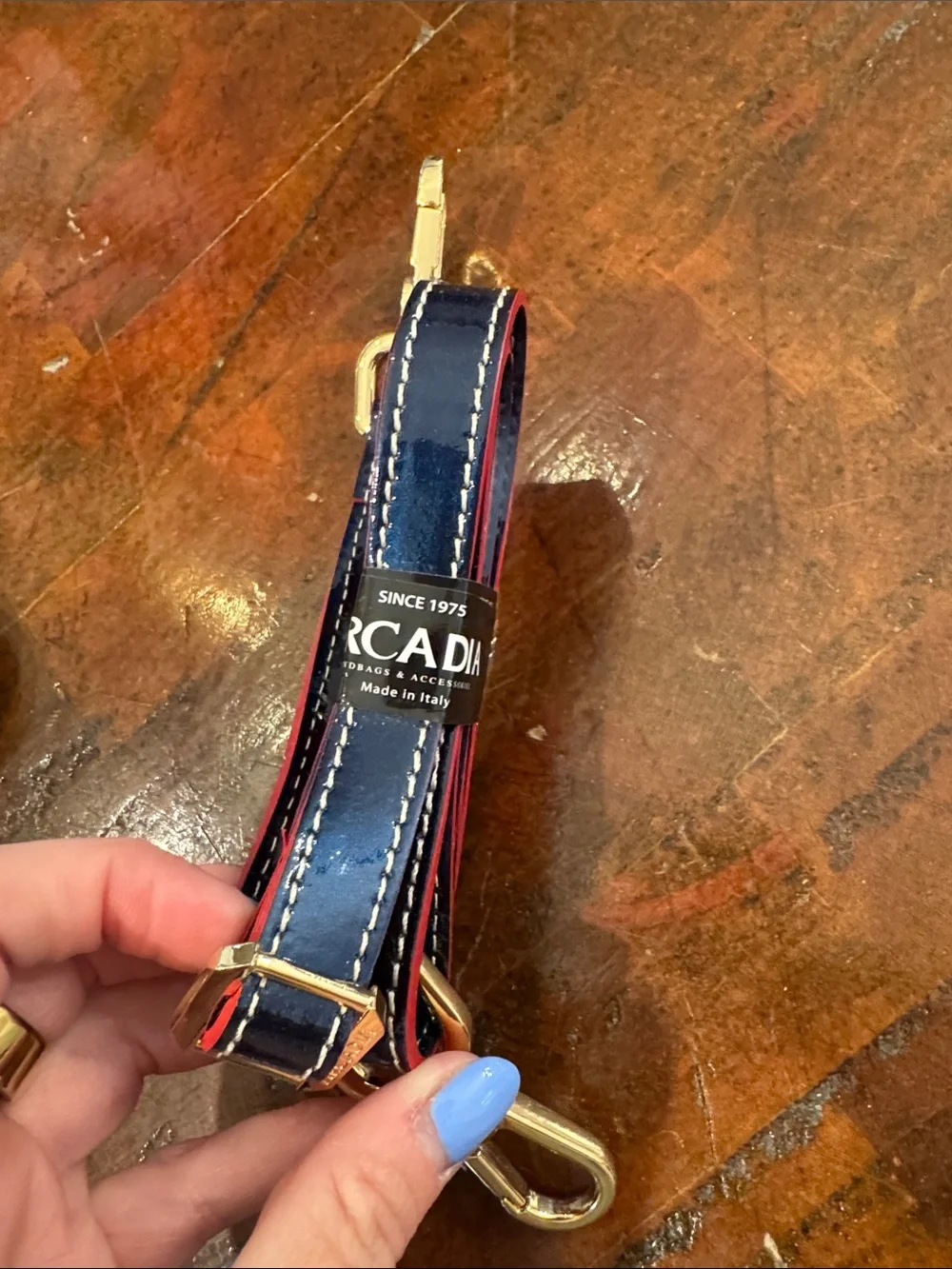 Arcadia Patent Dome Satchel in Navy with Red Trim